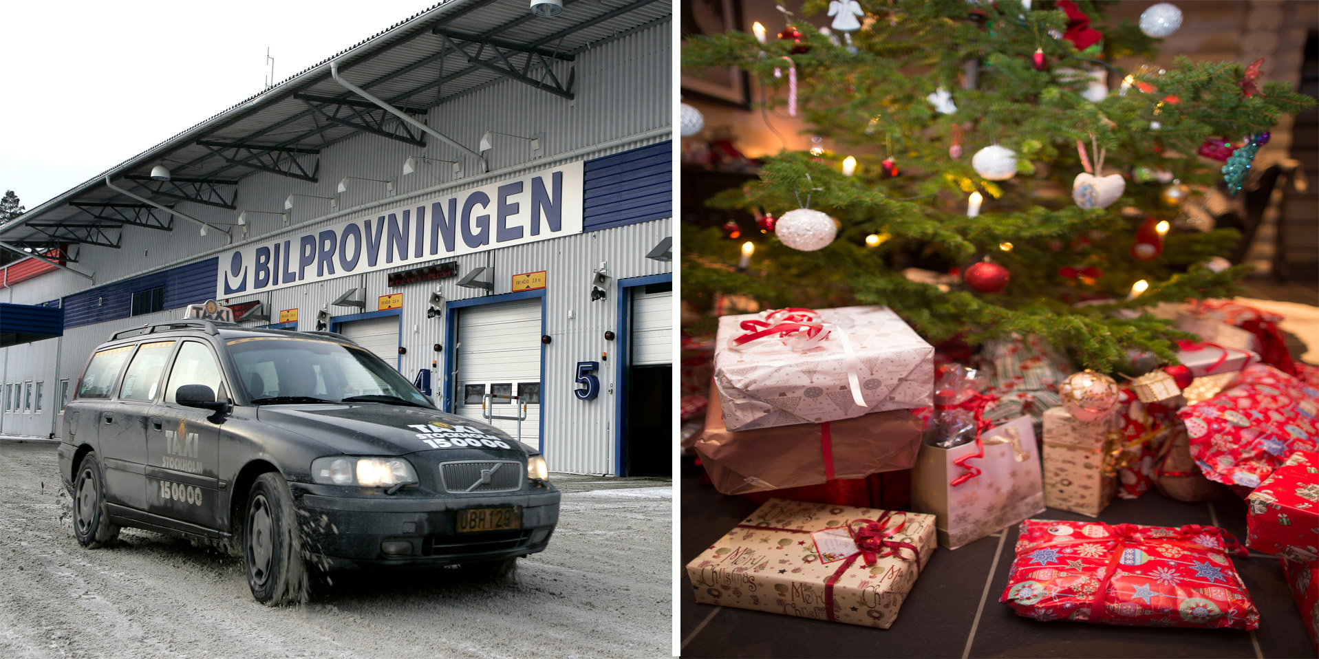 Car inspection and celebrations. Many car owners face a driving ban in December. Photo montage