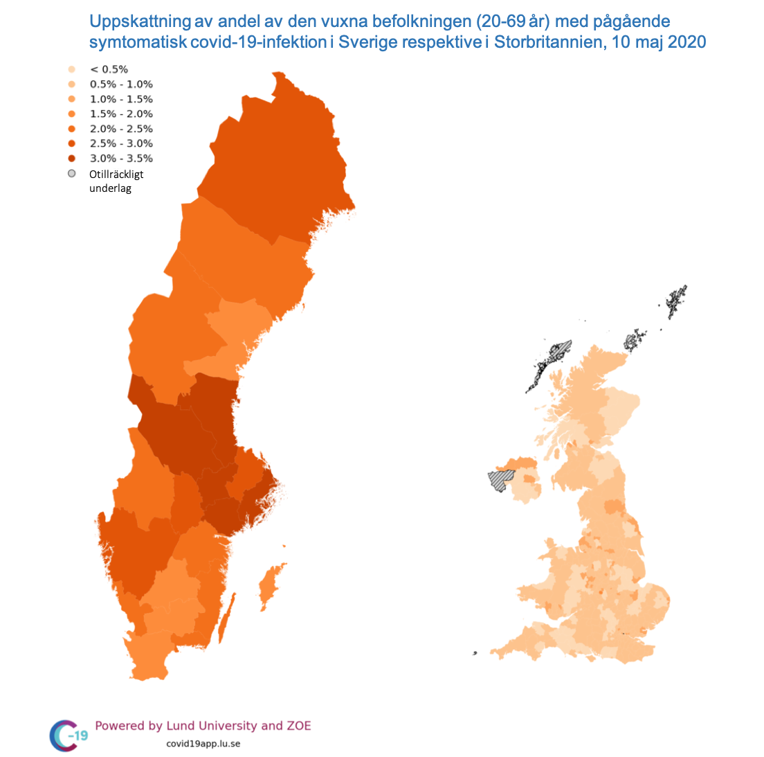 The map shows the current estimated proportion of the population with ongoing symptomatic covid-19 infection. In Dalarna it is 3 to 3.5 percent, that is, around 9,000-10,500 people.