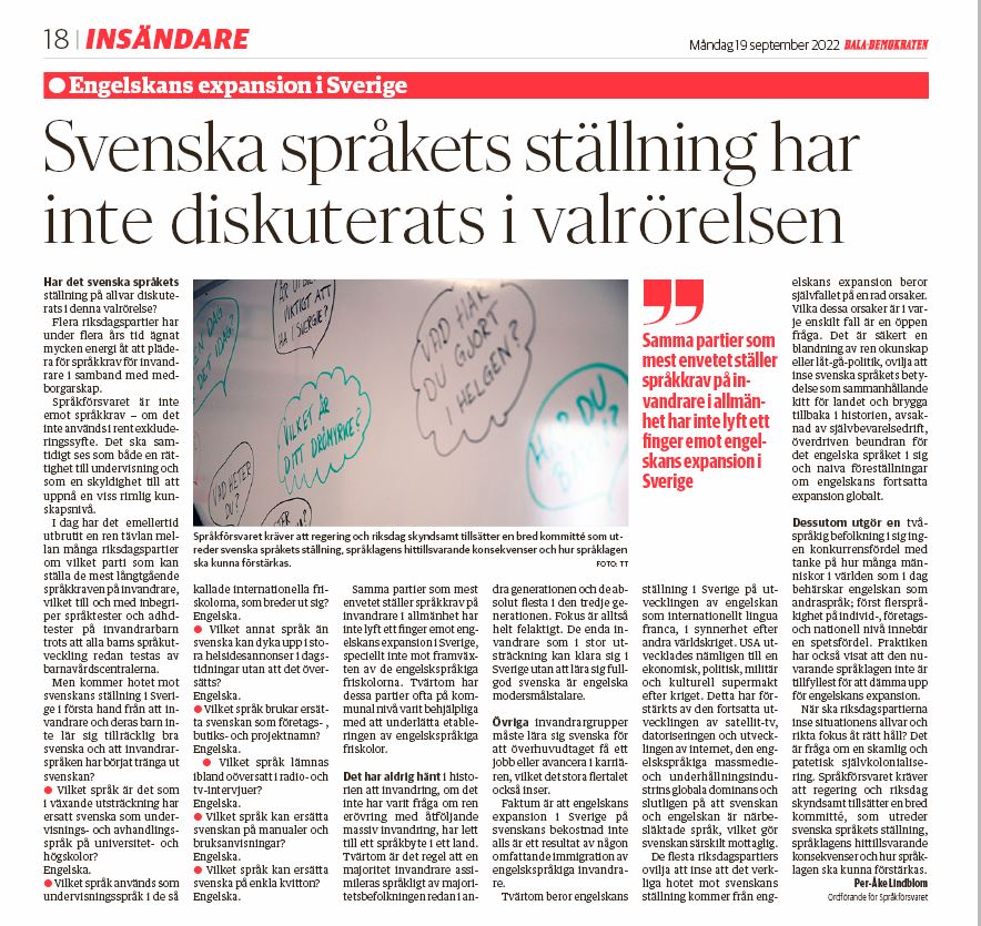 Enbart rekommendation att använda svenska i Sverige – Dala-Demokraten